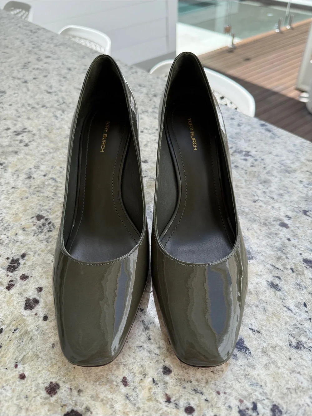 Tory Burch Olive Patent Block Heel Pumps